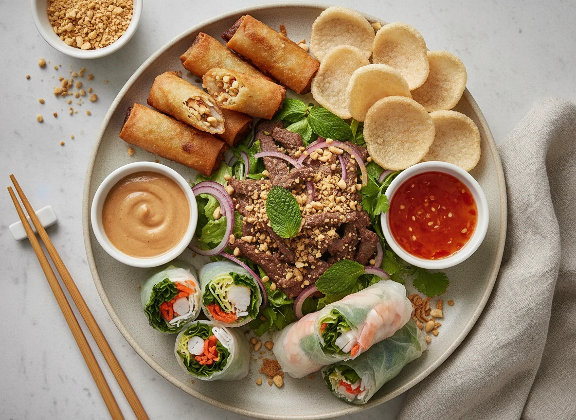 Vietnamese Platter with Spring Rolls and Beef Salad photo