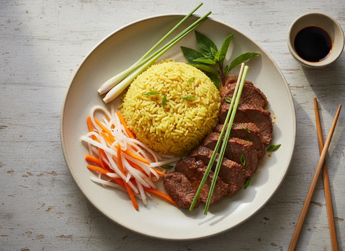 Vietnamese style rice with meat and pickled vegetables photo