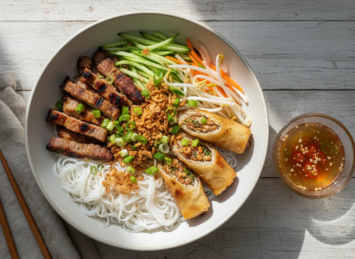 Vietnamese Vermicelli Noodle Salad with Grilled Pork and Spring Rolls photo