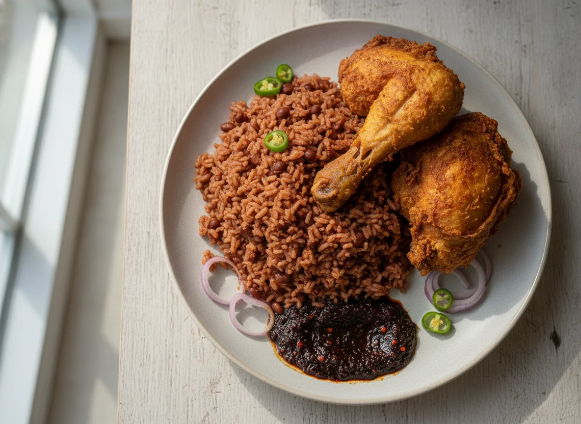 Waakye with Fried Chicken and Shito Sauce photo