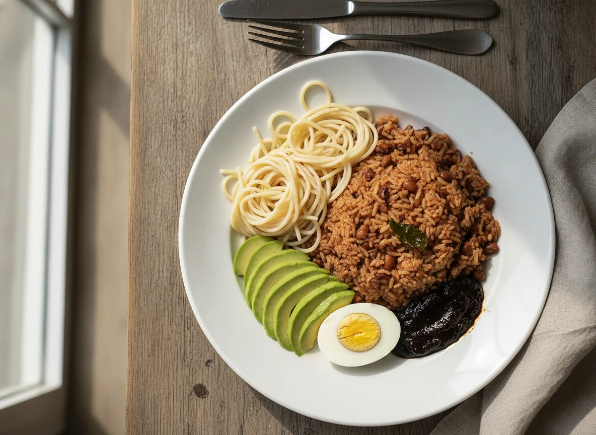 Waakye with Spaghetti, Egg, and Avocado photo