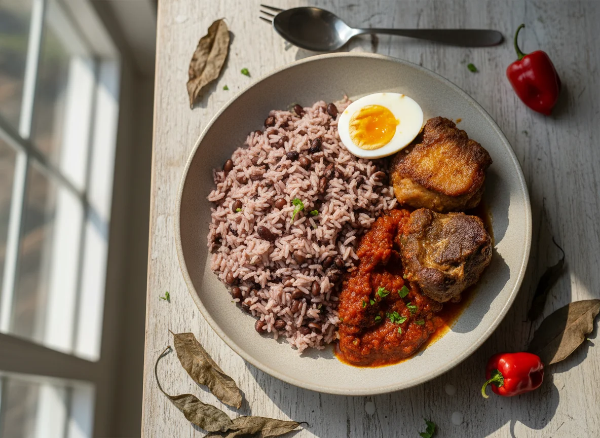 Waakye with Stew, Egg, and Meat photo