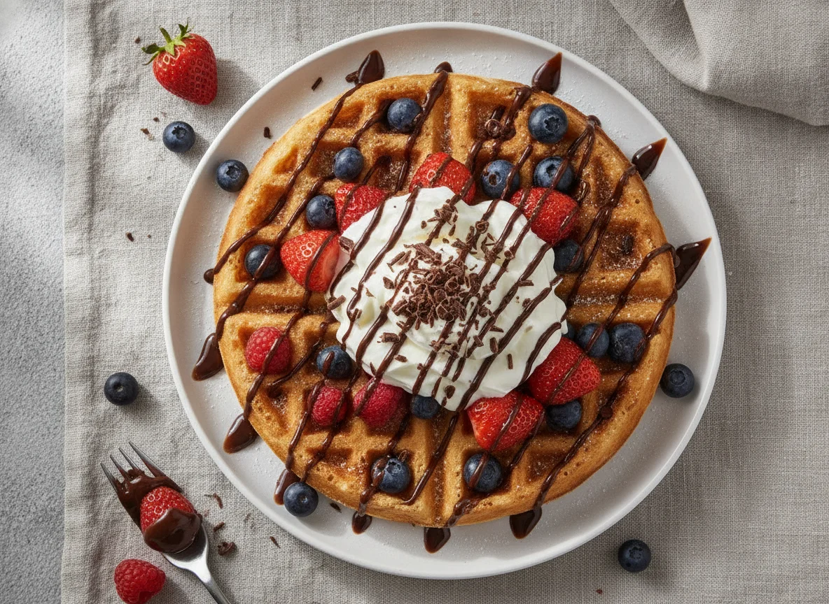 Waffle with Berries, Cream and Chocolate Sauce photo
