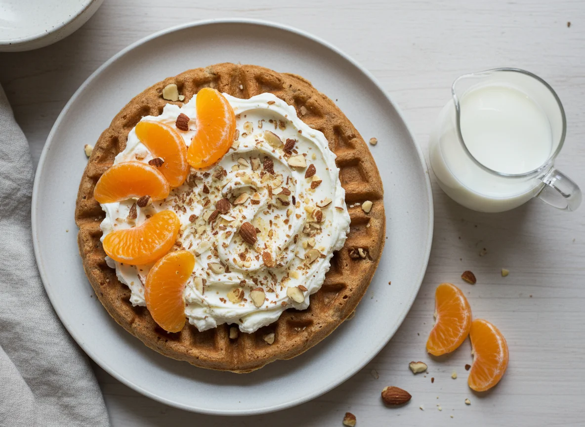 Waffle with cream cheese, nuts and tangerine slices photo