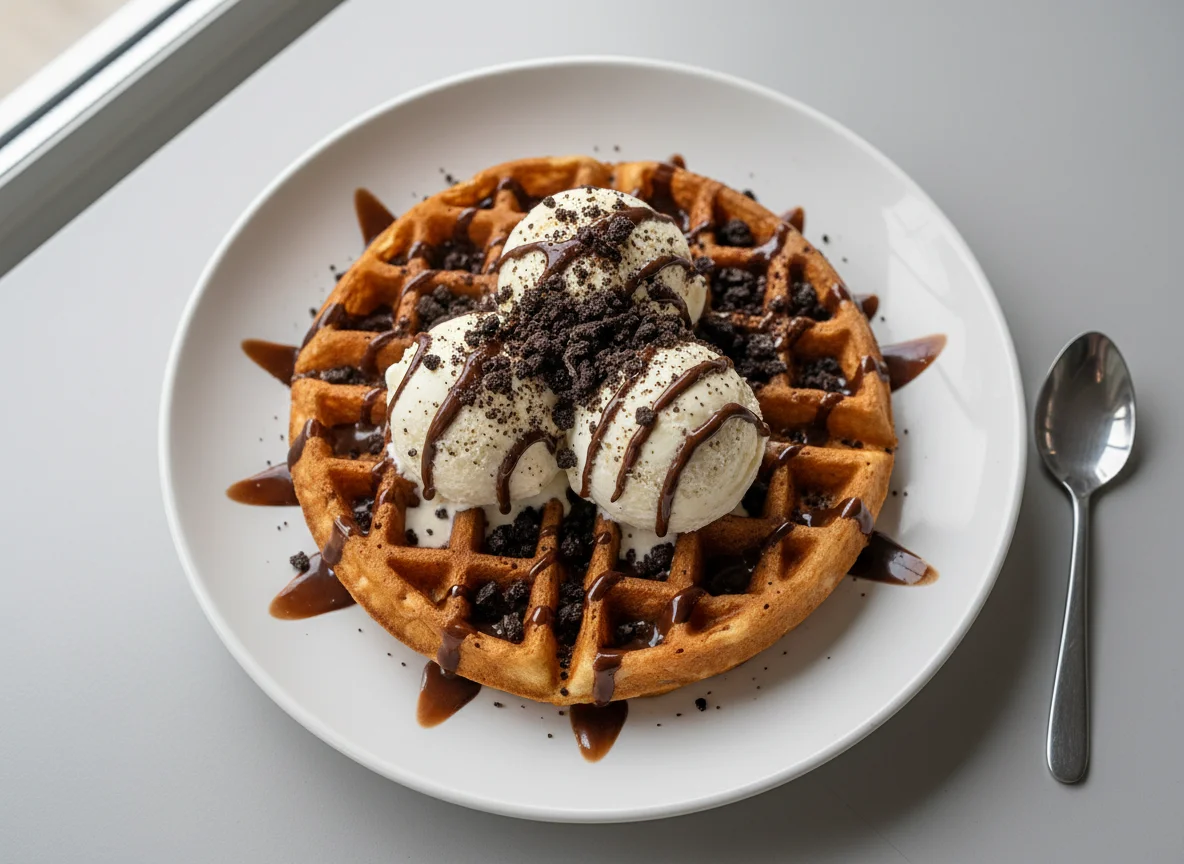 Waffle with Ice Cream and Chocolate Sauce photo