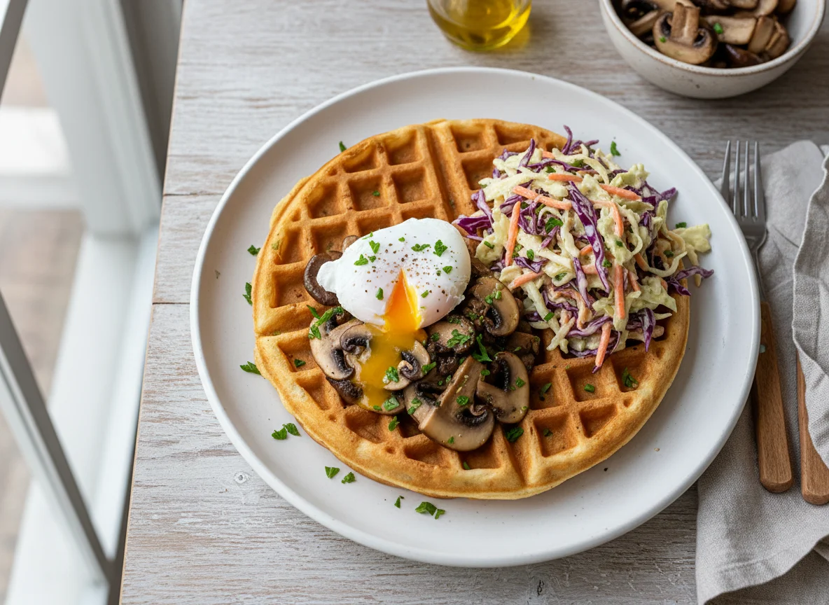Waffle with Poached Egg, Mushrooms and Coleslaw photo