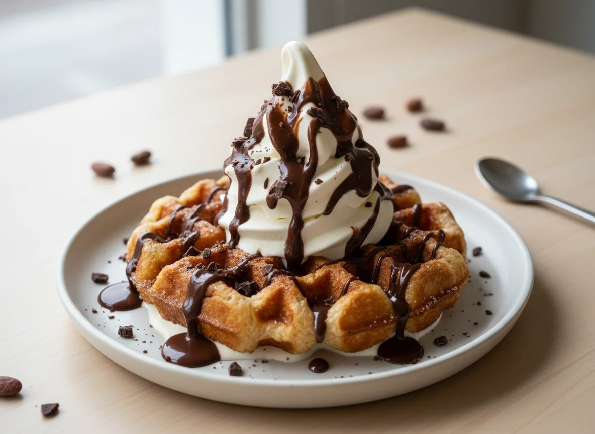 Waffle with Soft Serve and Chocolate Coating photo