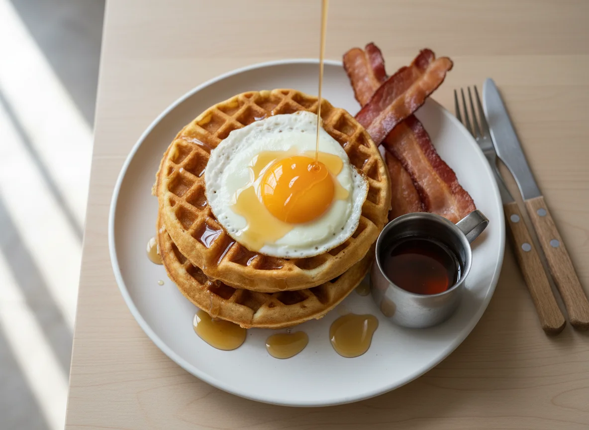 Waffles with Fried Egg and Bacon photo