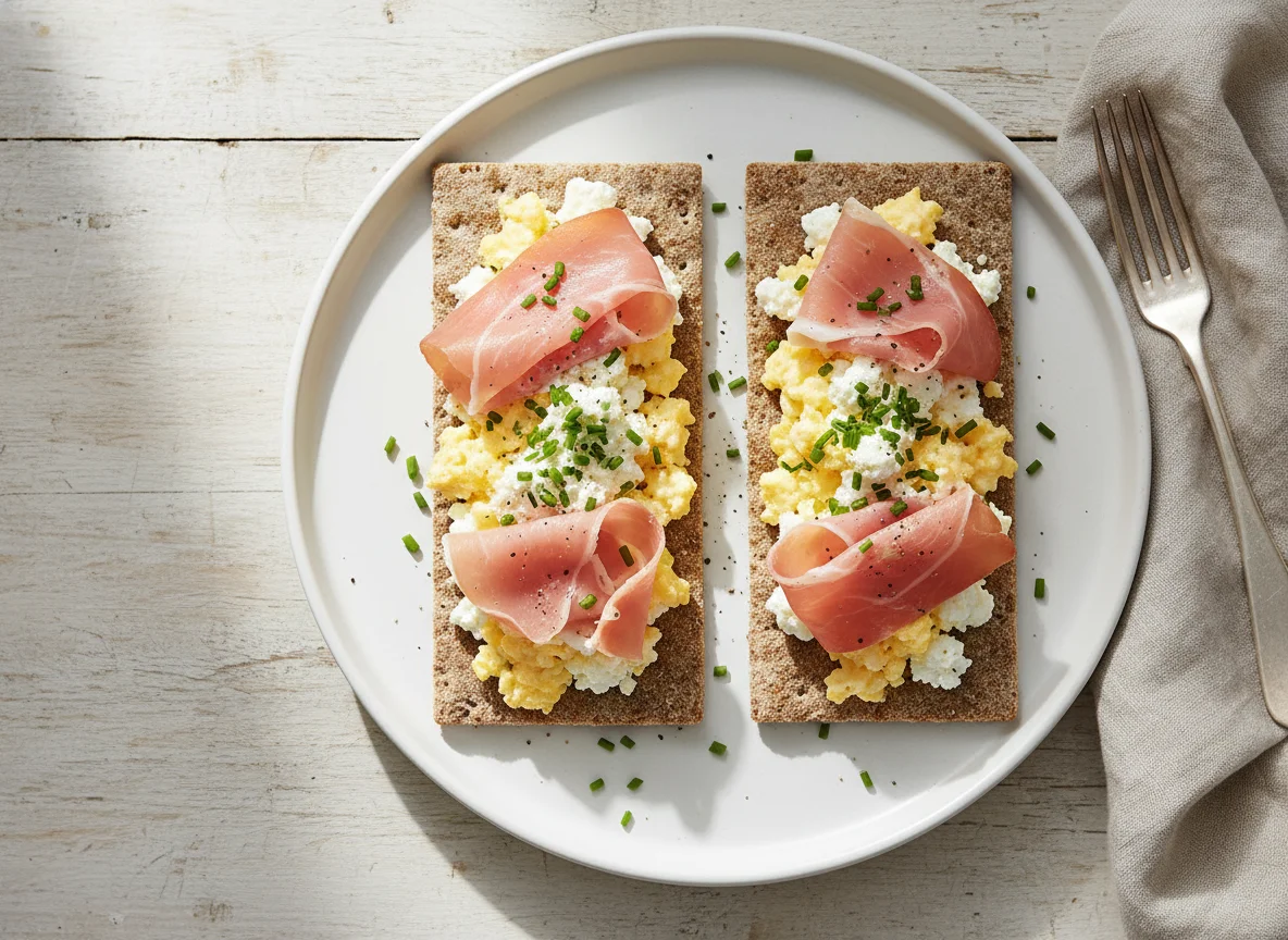 Wasa crispbread with egg, cream cottage cheese and ham photo