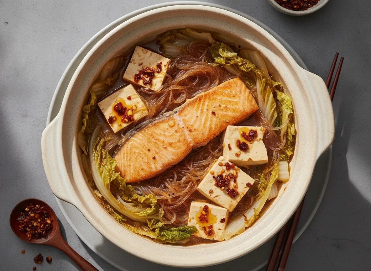 Waterless Vegetable Pot with Salmon and Tofu photo