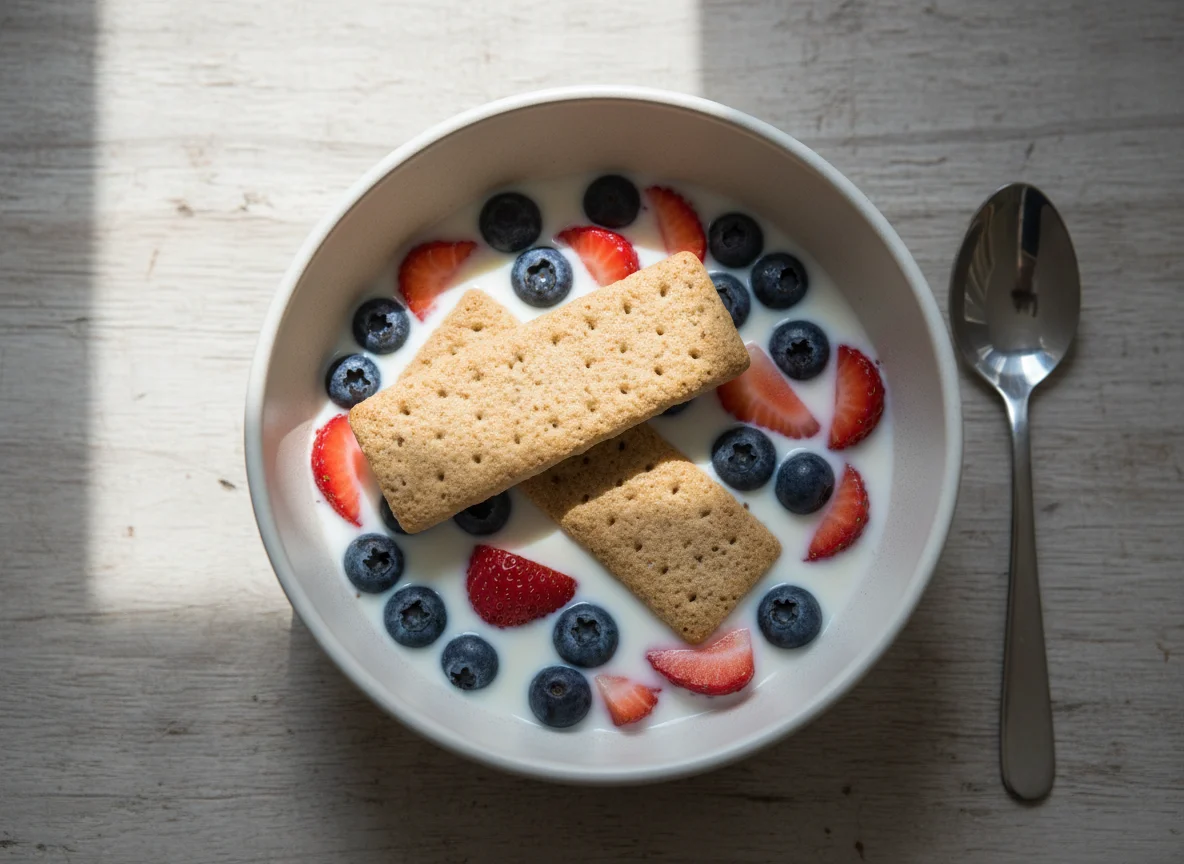 Weetabix Cereal with Milk, Blueberries, and Strawberries photo