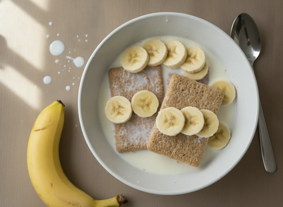 Weetabix with banana and milk photo