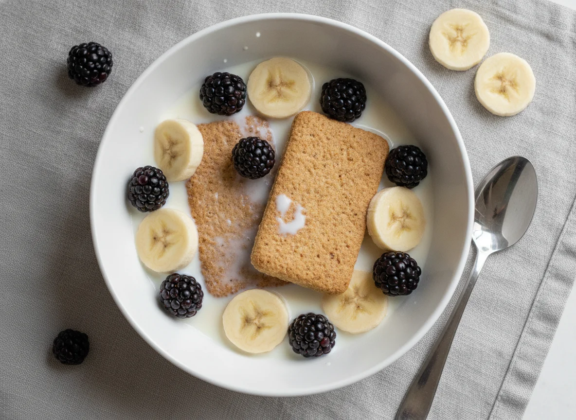 Weetabix with banana, blackberries and milk photo