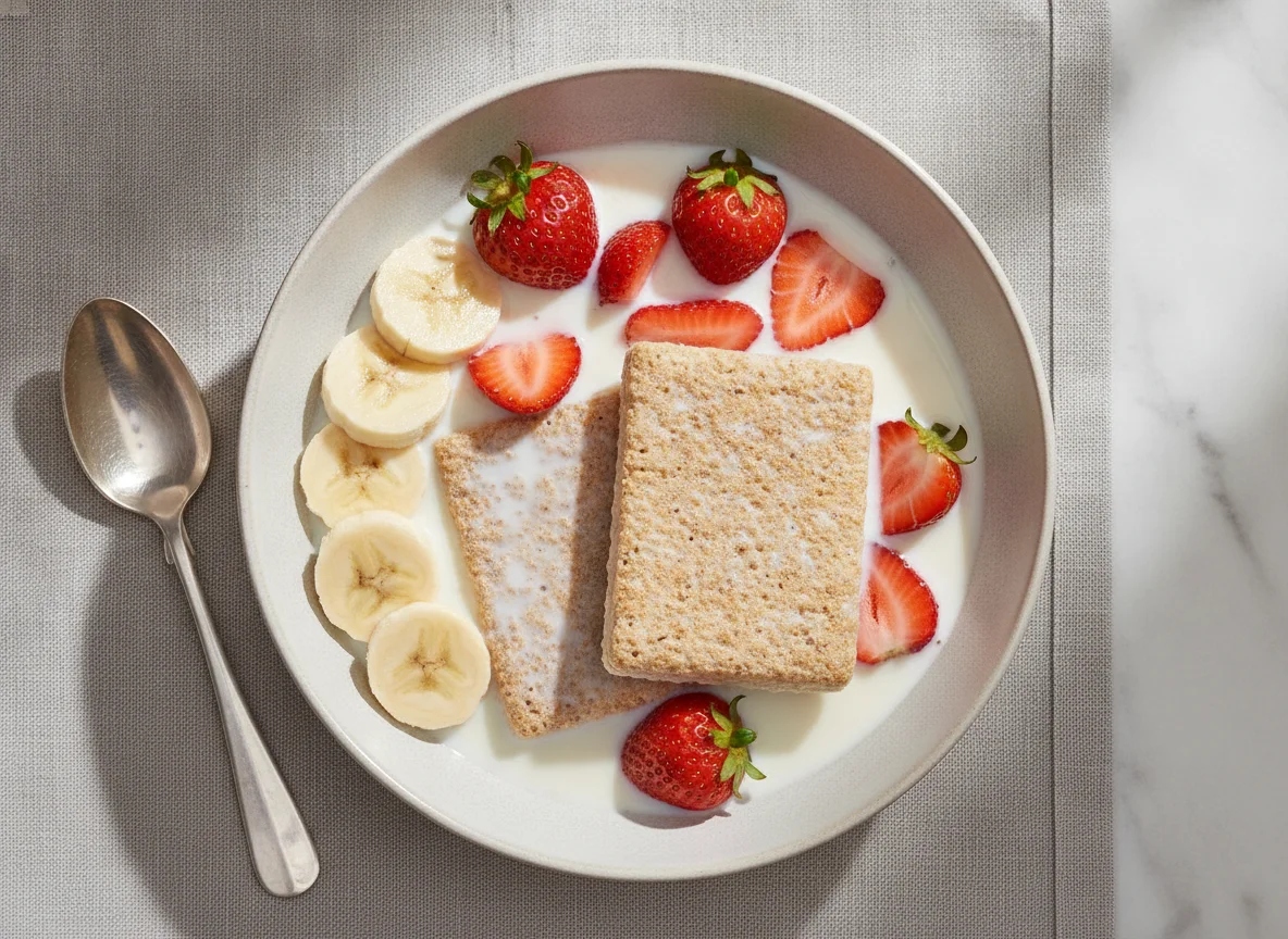 Weetabix with banana, strawberries and milk photo