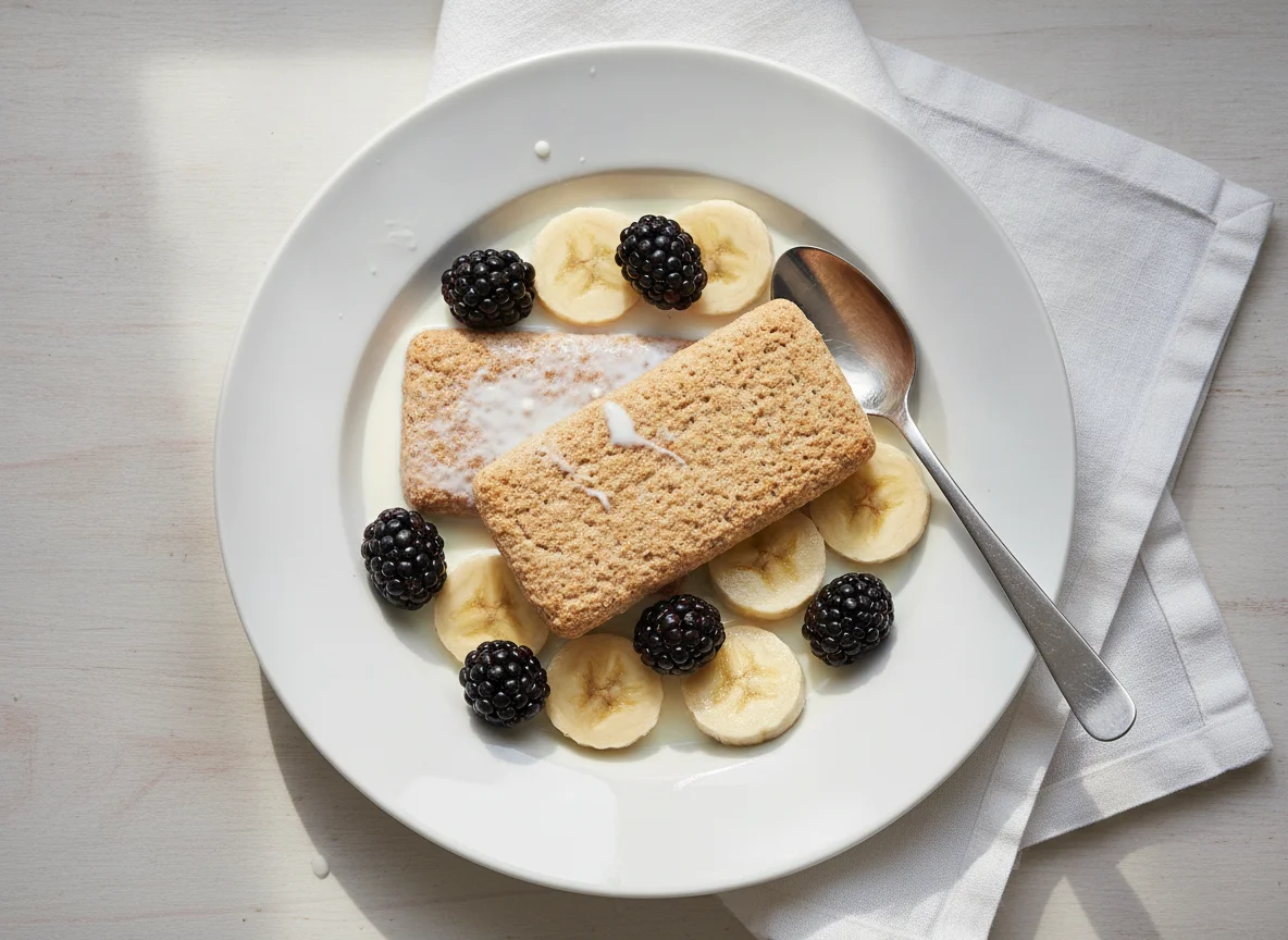 Wheat Biscuits with Banana and Blackberries photo