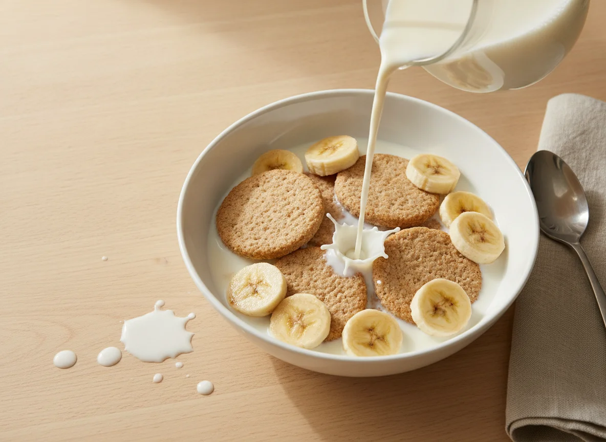 Wheat biscuits with banana and milk photo