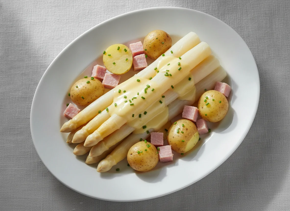 White asparagus with potatoes, ham, and hollandaise sauce photo