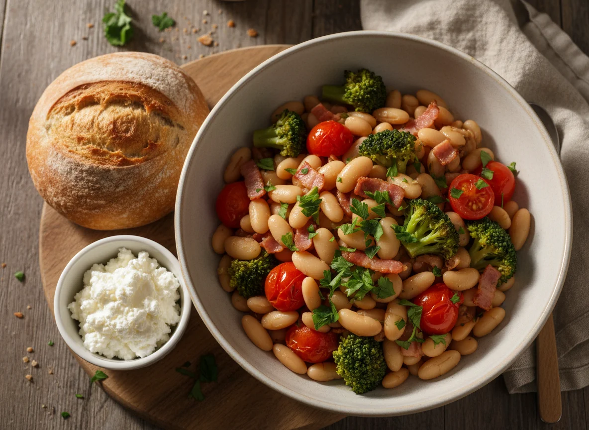 White Bean Stew with Broccoli and Bread photo