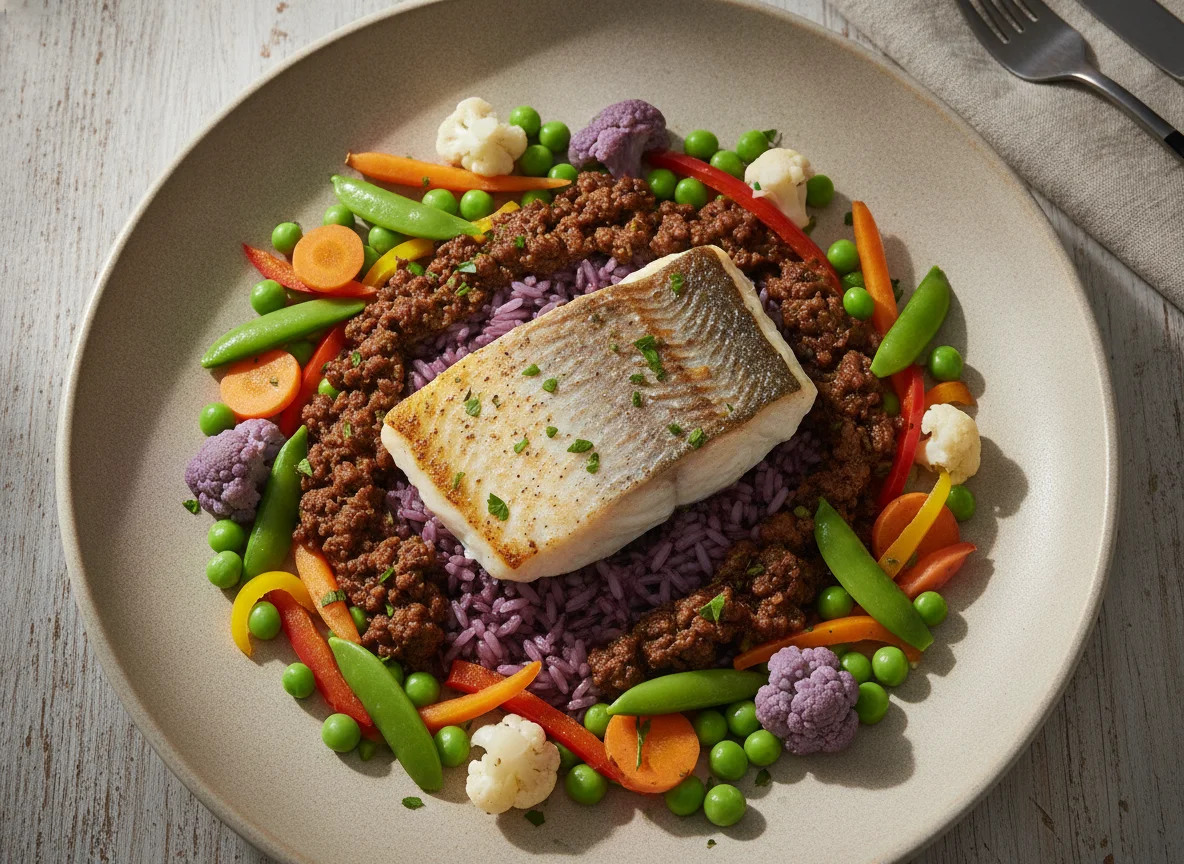 White Fish with Purple Rice and Vegetables photo