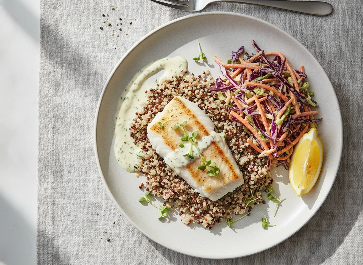 White fish with quinoa and coleslaw photo