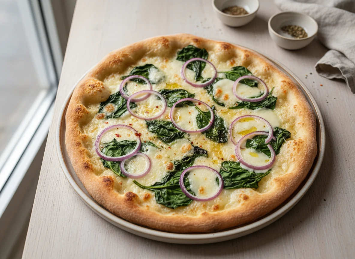 White Pizza with Spinach and Red Onion photo