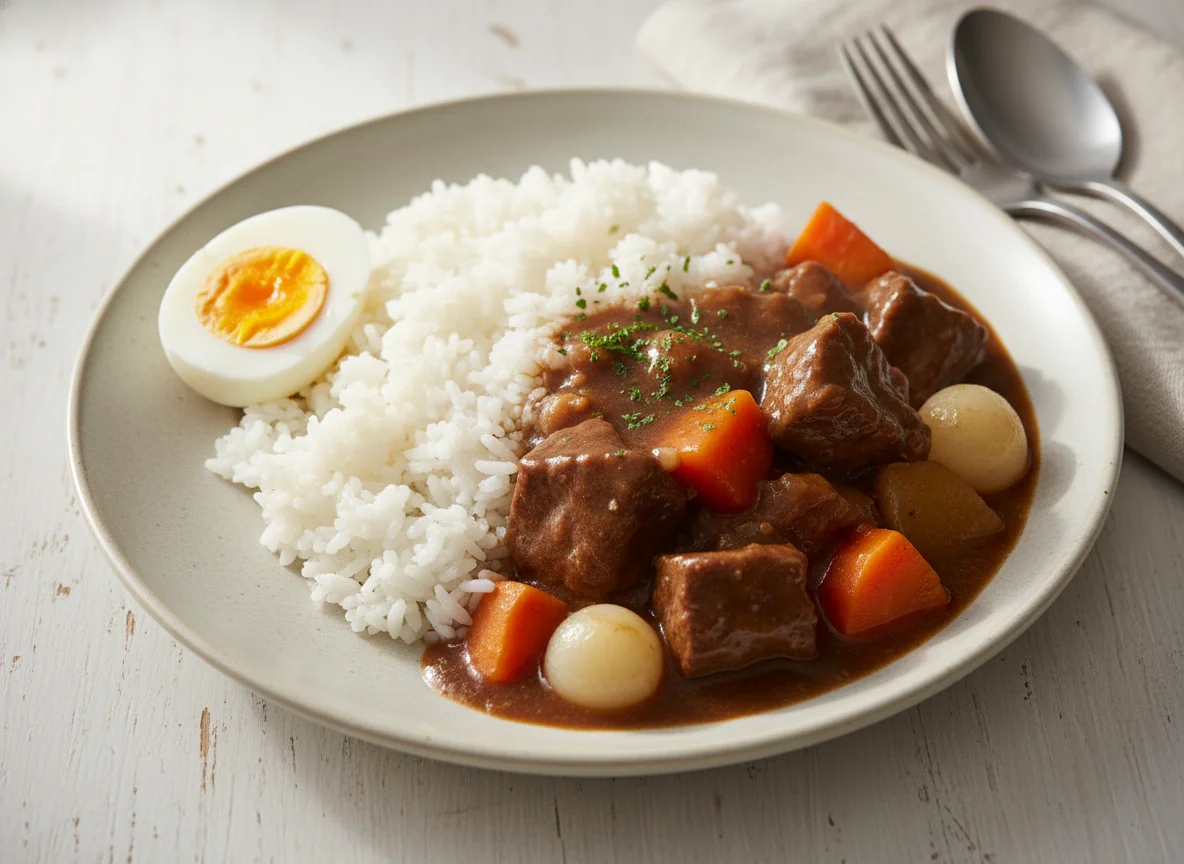 White Rice with Beef Stew and Boiled Egg photo