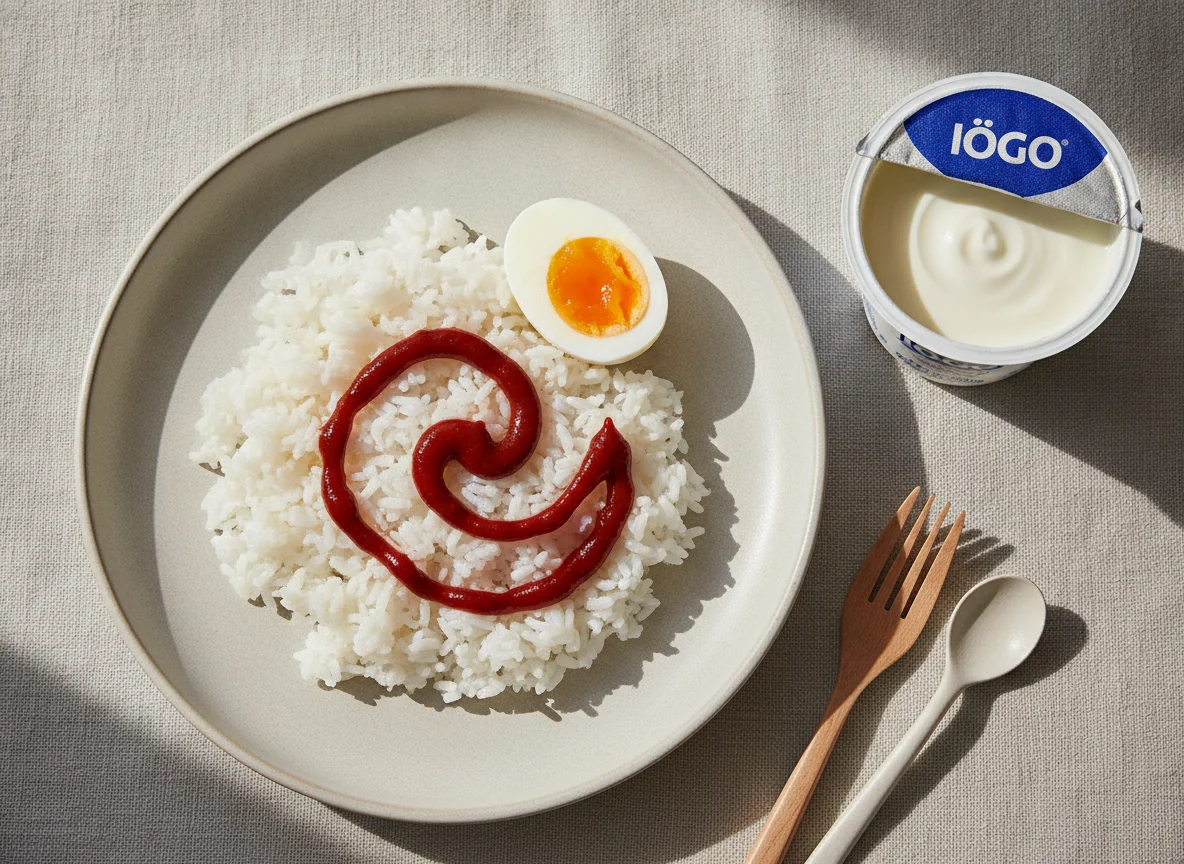White rice with boiled egg, hot sauce, and yogurt photo