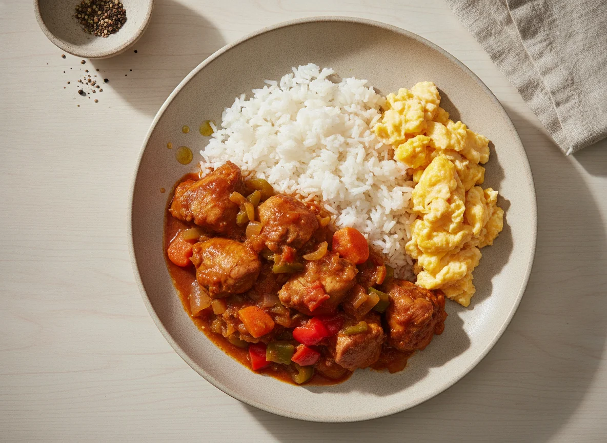 White rice with chicken stew and scrambled eggs photo