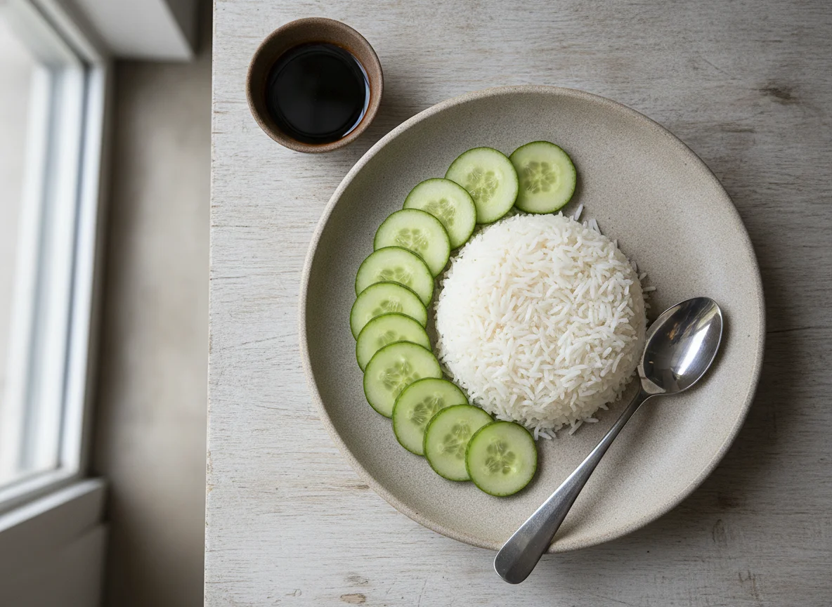 White rice with cucumber and soy sauce photo