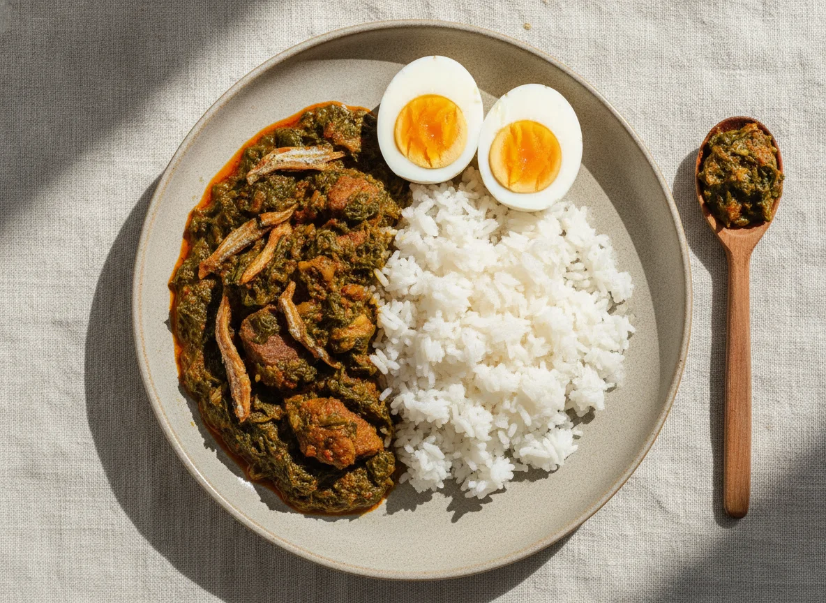 White Rice with Efo Riro and Boiled Eggs photo