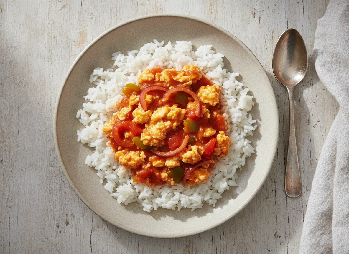 White rice with egg and tomato stew photo