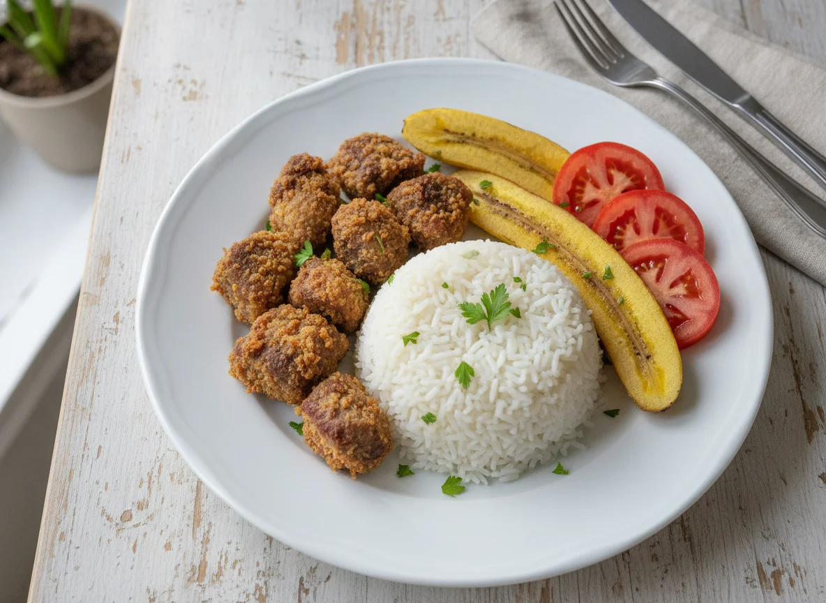 White Rice with Fried Beef, Banana, and Tomato Slices photo