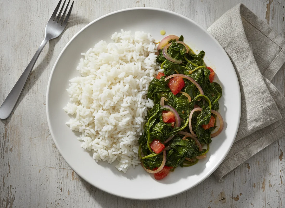 White Rice with Sautéed Pumpkin Leaves (Mchicha) photo