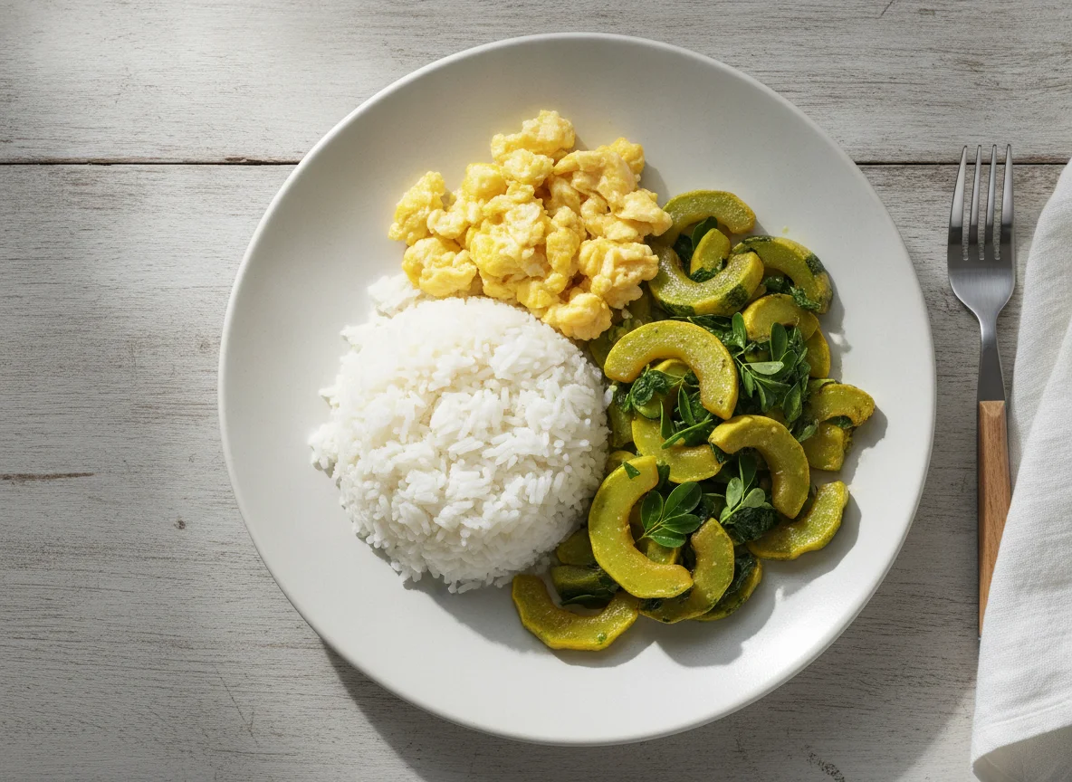White Rice with Scrambled Egg and Sautéed Squash with Moringa photo