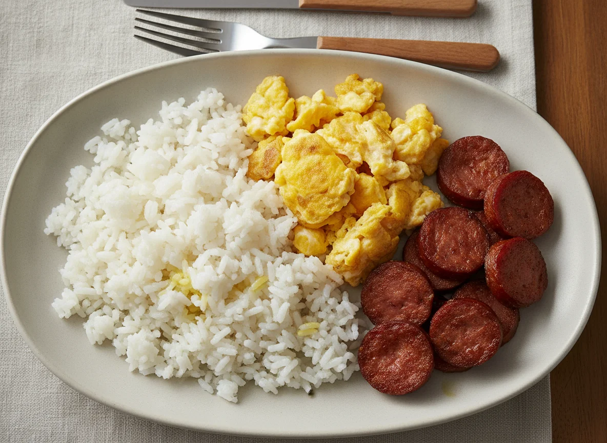 White rice with scrambled eggs and salami photo