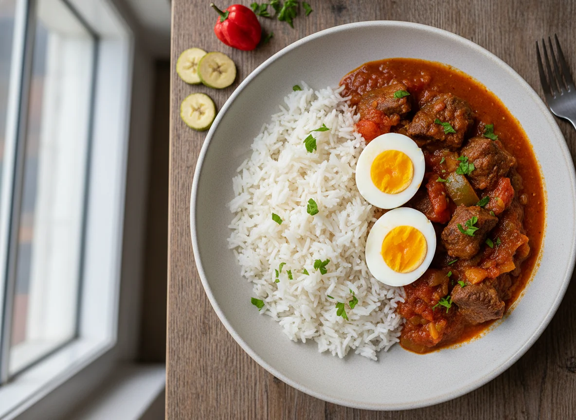 White Rice with Stew and Boiled Eggs photo