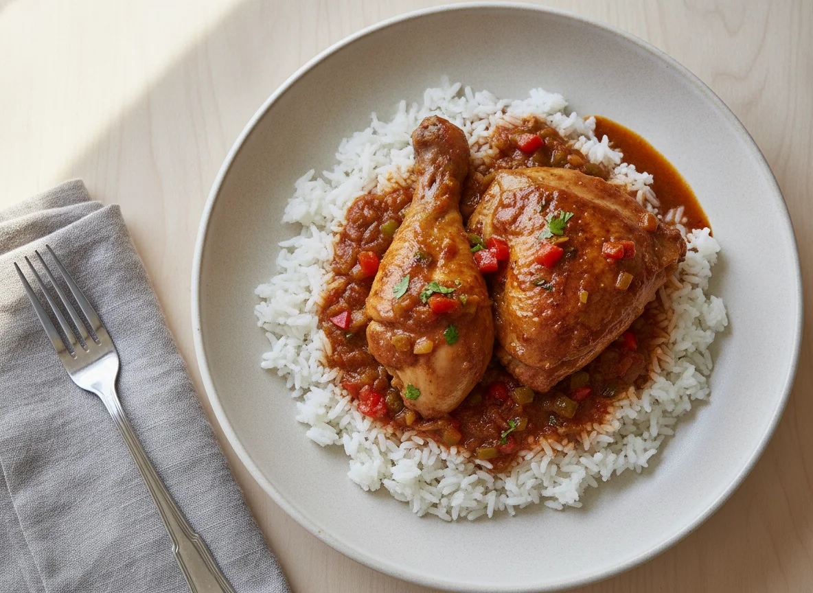 White rice with stewed chicken photo