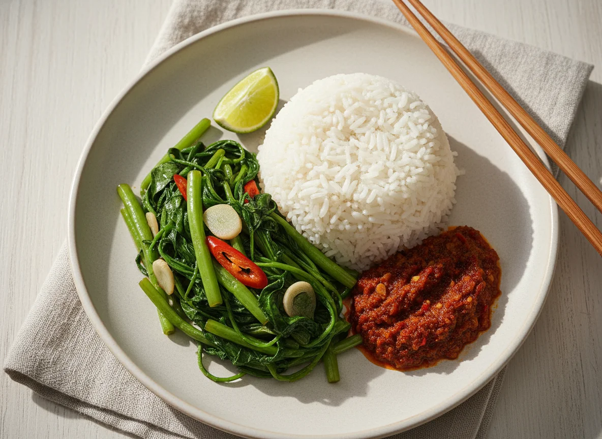 White Rice with Stir-fried Kangkung and Sambal photo