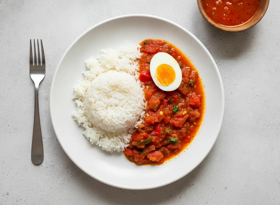 White Rice with Tomato Stew and Boiled Egg photo