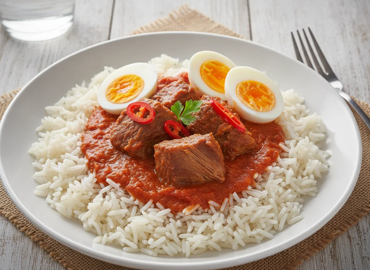 White Rice with Tomato Stew, Beef, and Boiled Eggs photo