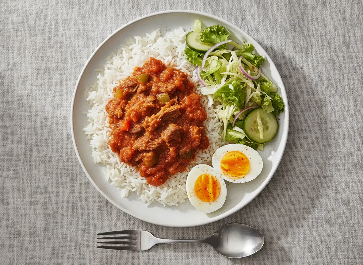 White Rice with Tomato Stew, Boiled Eggs, and Salad photo