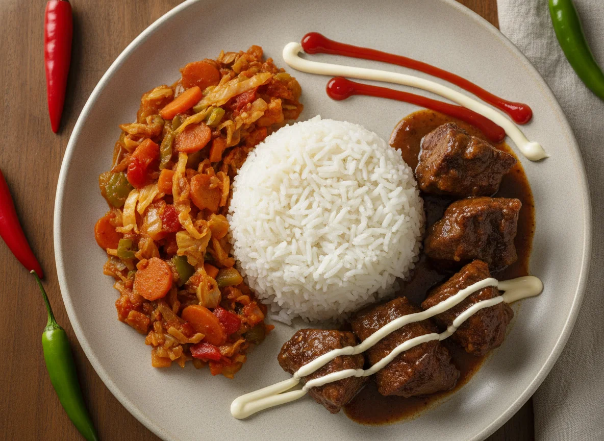 White rice with vegetable relish, beef, and sauces photo