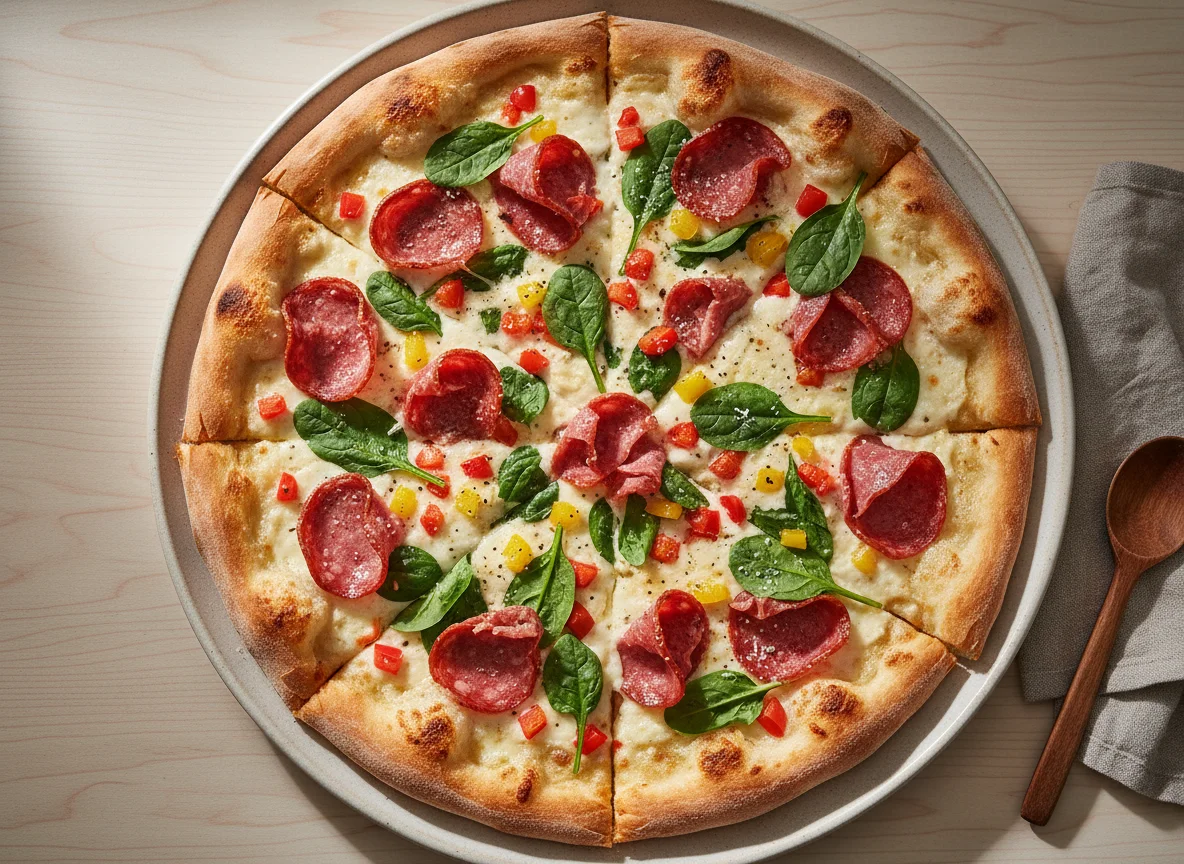 White Sauce Pizza with Salami and Spinach photo