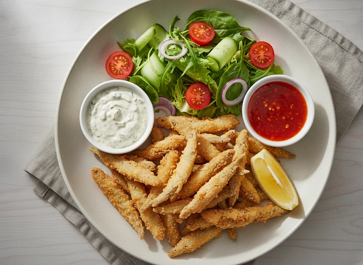 Whitebait with Salad and Dips photo