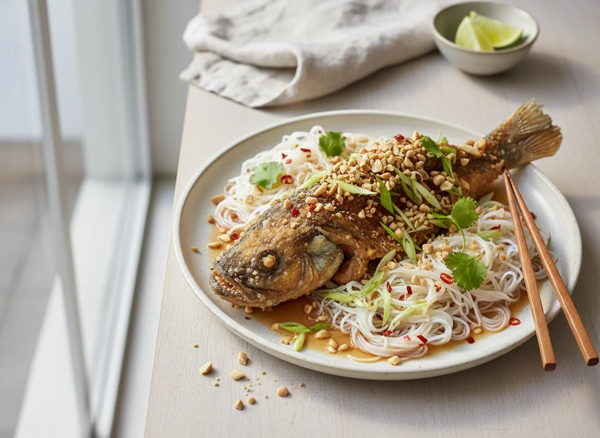 Whole Fried Fish with Peanuts and Noodles photo