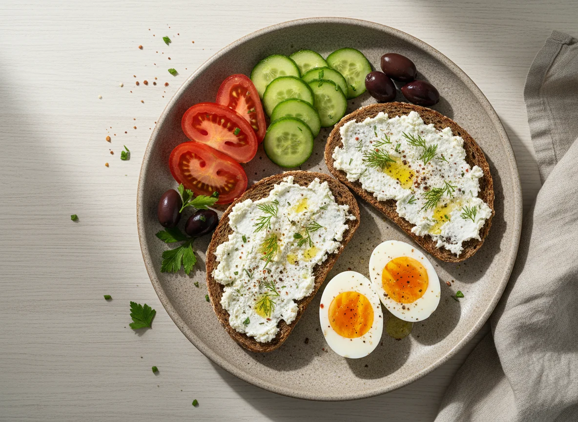 Whole grain bread with cheese spread, boiled egg, and fresh vegetables photo