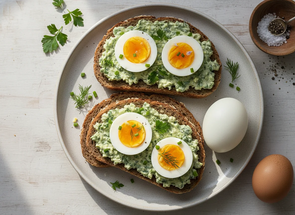 Whole grain bread with egg and herb spread photo