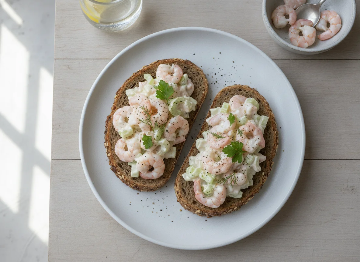 Whole grain bread with shrimp salad photo