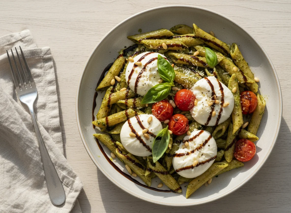 Whole Grain Penne with Pesto, Burrata, Cherry Tomatoes and Balsamic Glaze photo