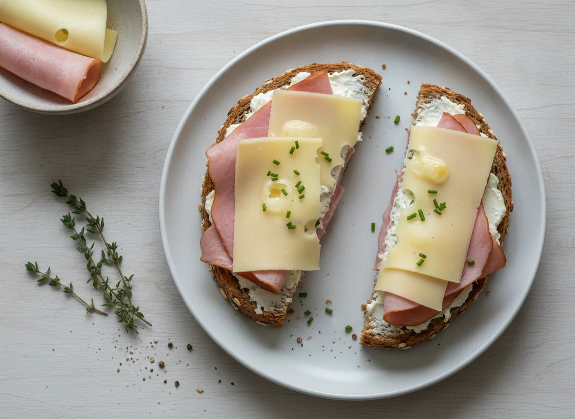 Whole grain sandwich with cheese and ham photo